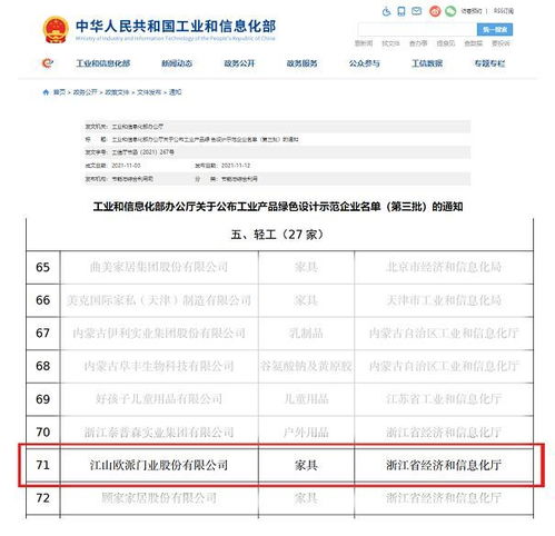 江山欧派入选国家级工业产品绿色设计示范企业